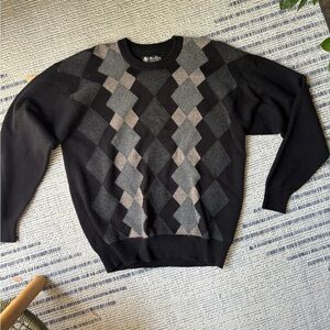 Black and Gray Crewneck Sweater with Argyle Pattern